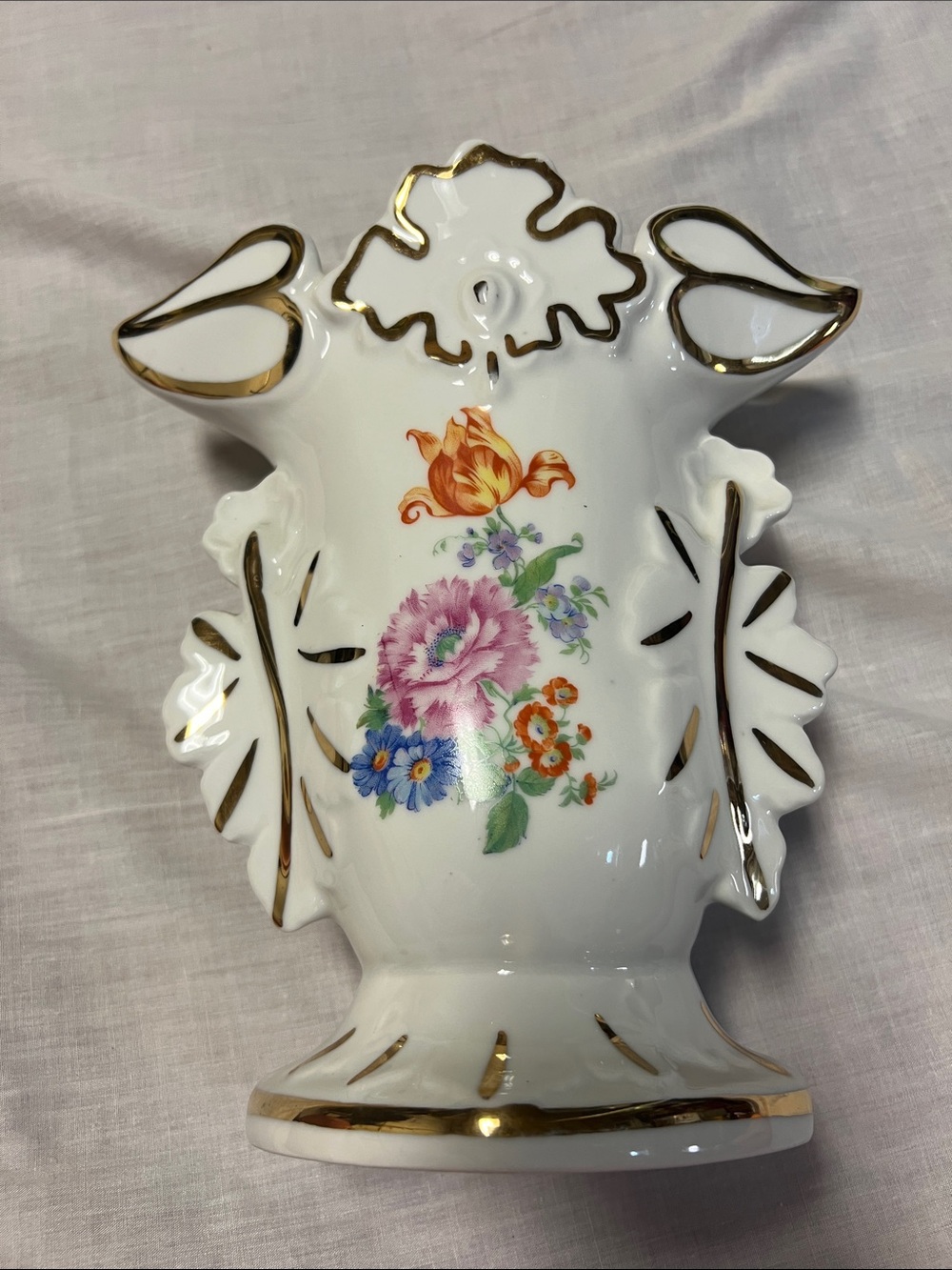 Vintage White Porcelain Floral Accent Vase with Gold Trim made in Belgium